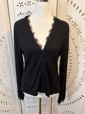 Black Eyelash Lace-Trim V-Neck Button Front Top